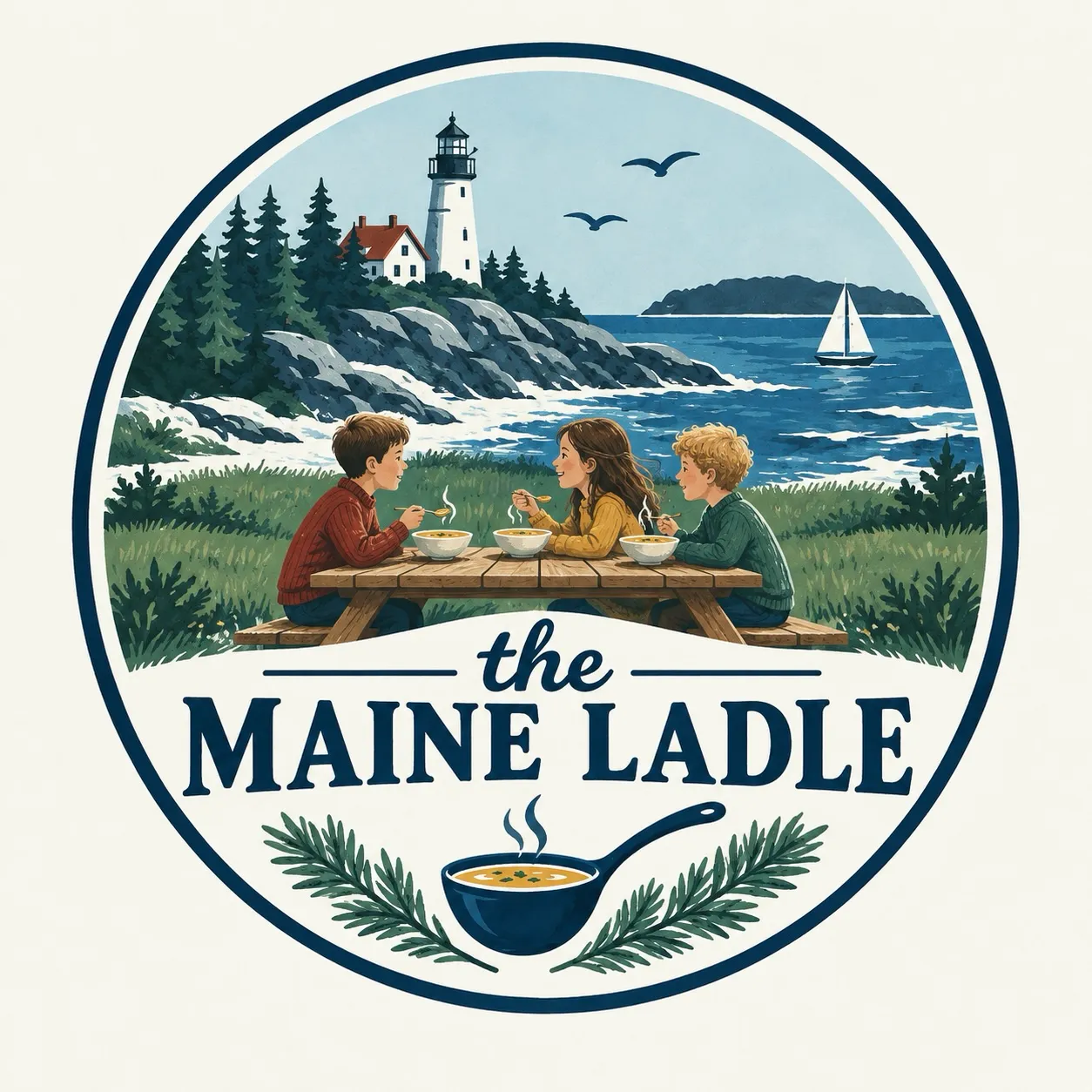 The Maine Ladle logo: three children eating bowls of soup at a picnic table by a lighthouse on the Maine coast